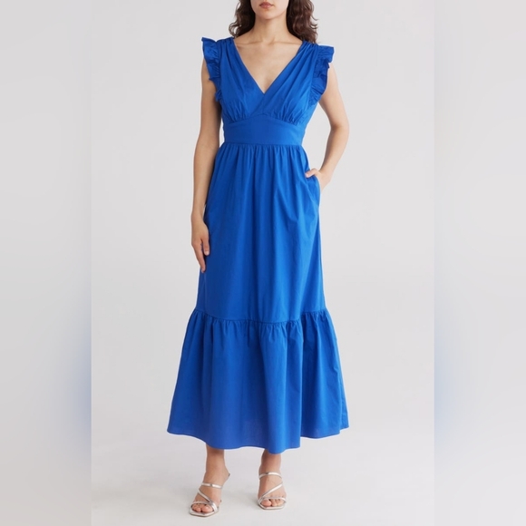 Maggie London Green  V- Neck Sleeveless Solid Maxi  Dress Sz 8 - Picture 3 of 16